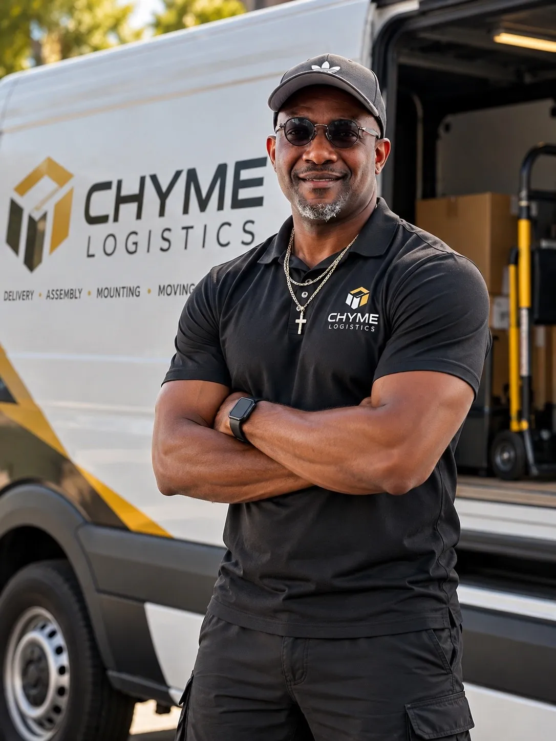 Jack Chime, arms crossed and smiling in a black Chyme polo and cap, beside the Chyme van.